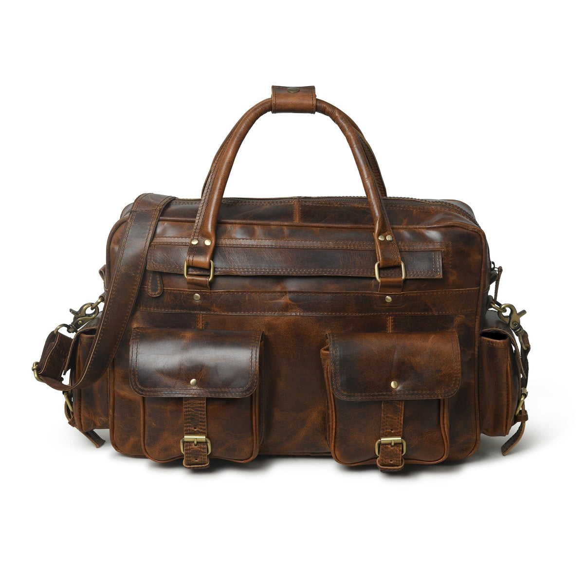 Brown buffalo leather laptop briefcase with brass hardware and shoulder strap