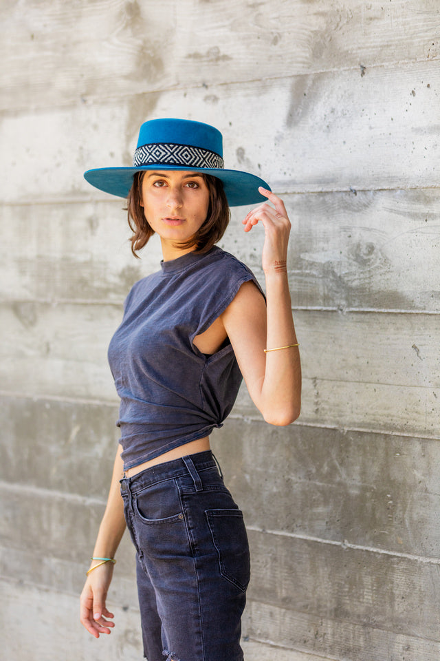 Denim blue alpaca wool felt Spanish style hat with a woven band, view 4