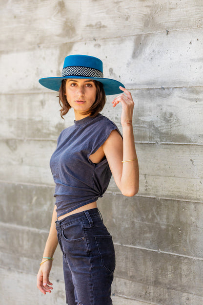 Denim blue alpaca wool felt Spanish style hat with a woven band, view 4