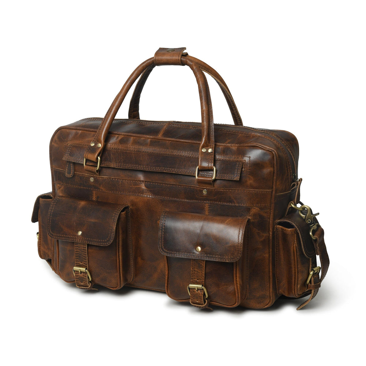 Brown buffalo leather laptop briefcase with brass hardware and shoulder strap, view 3