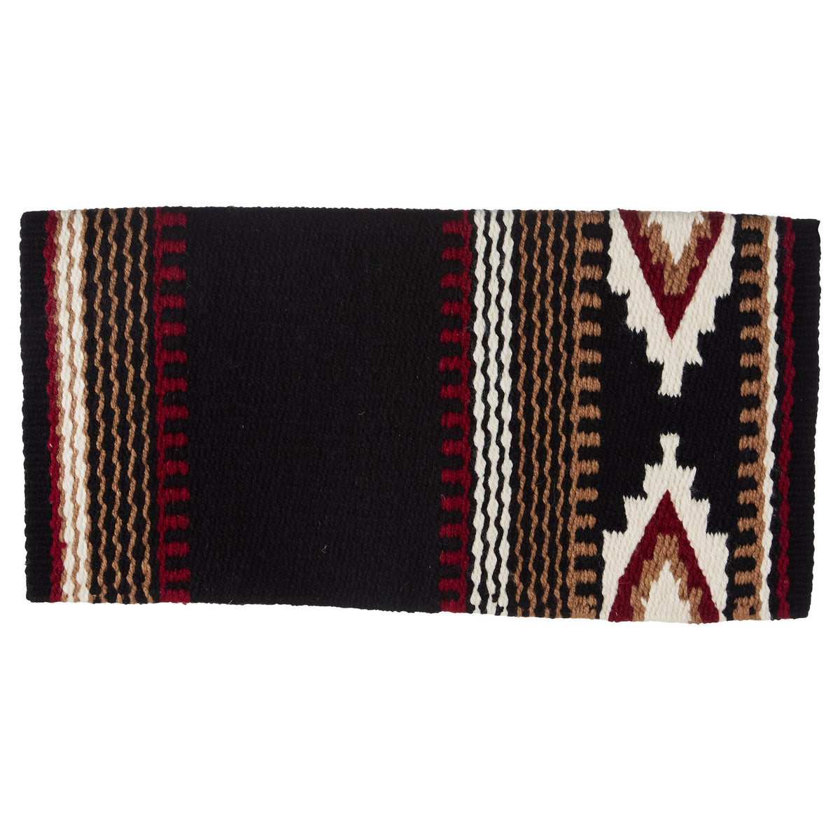 Black, cream, red earth and fawn patterned New Zealand wool saddle blanket