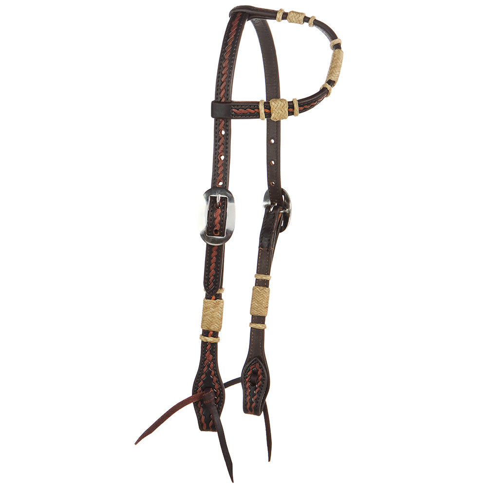 Rope-Tooled Single Ear Headstall, Natural Rawhide