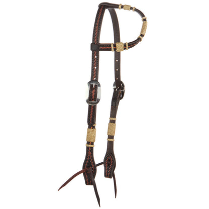 Rope-Tooled Single Ear Headstall, Natural Rawhide