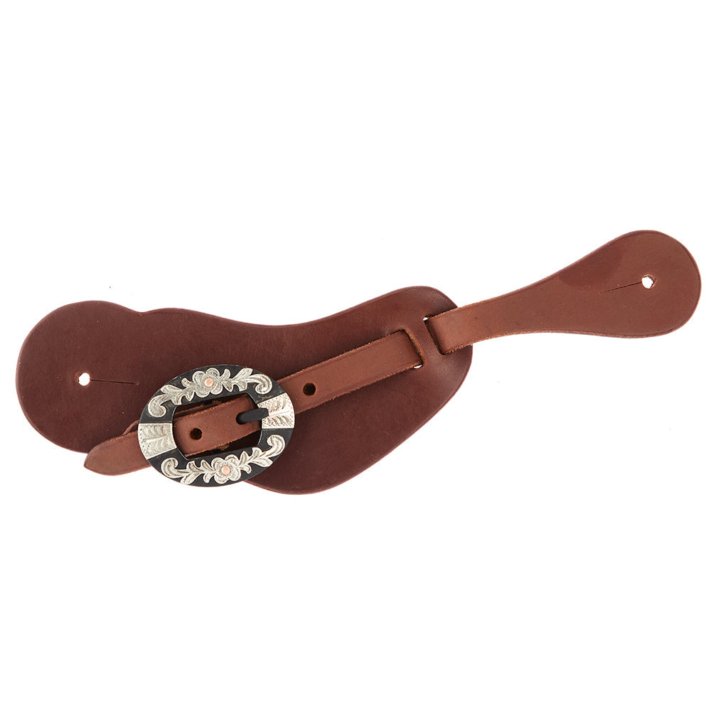 Oiled leather cowboy spur straps with floral buckles