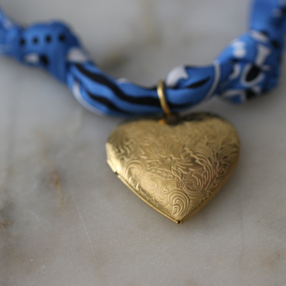 Blue scarf necklace with heart locket pendant, view 4