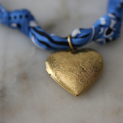 Blue scarf necklace with heart locket pendant, view 4