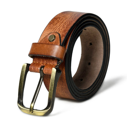 Tan leather dress belt with orange accents and metal buckle