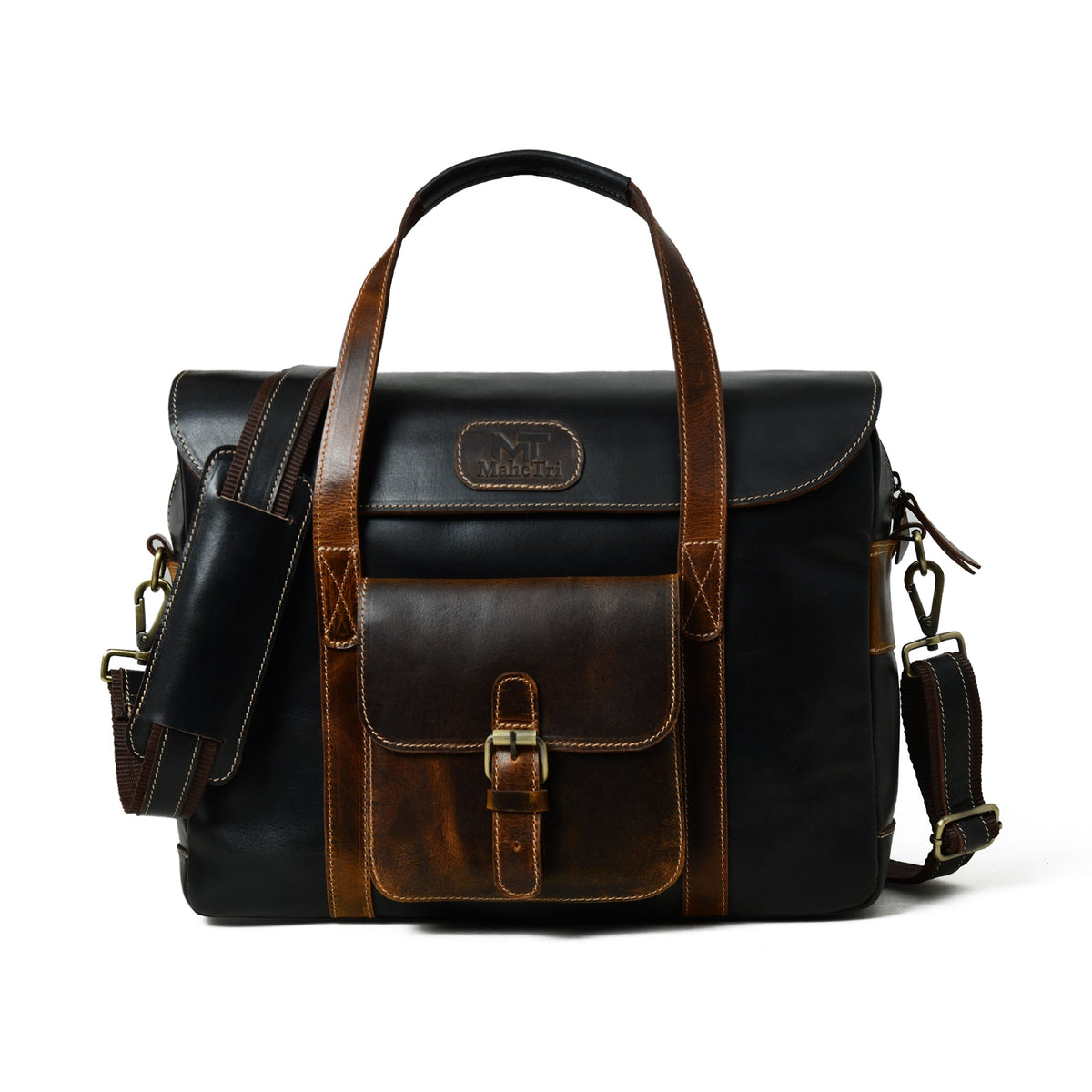 Black and brown buffalo leather top handle briefcase with shoulder strap, view 4
