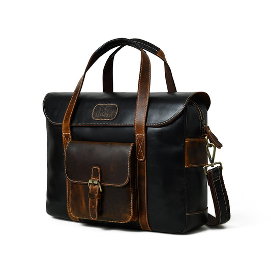 Black and brown buffalo leather top handle briefcase with shoulder strap
