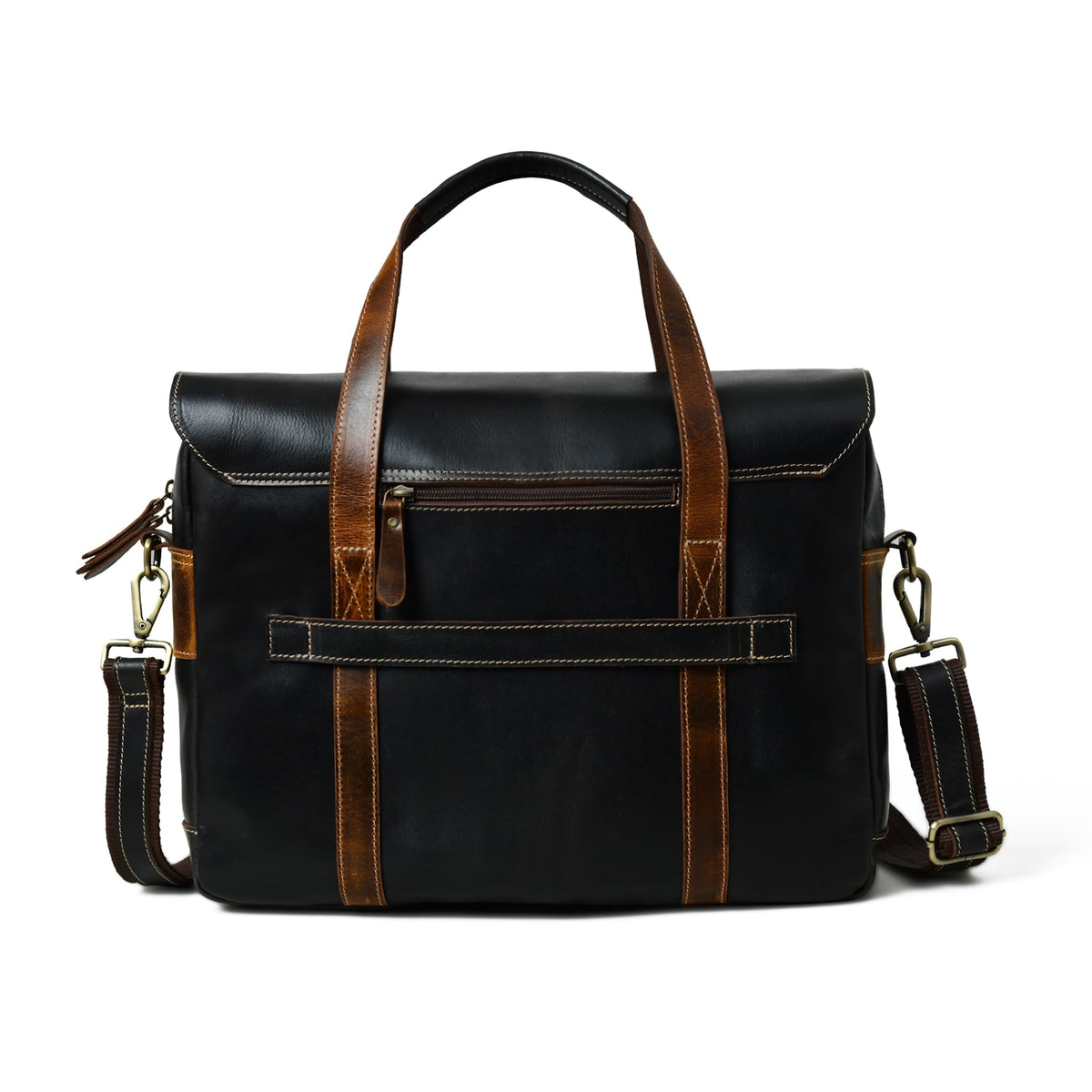 Black and brown buffalo leather top handle briefcase with shoulder strap, view 3