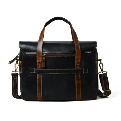Black and brown buffalo leather top handle briefcase with shoulder strap, view 3