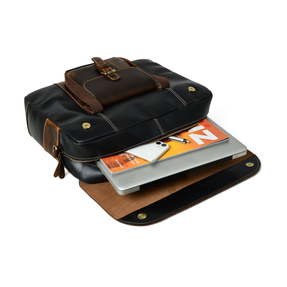Two-Tone Top Handle Briefcase by Classy Leather Bags, view 5