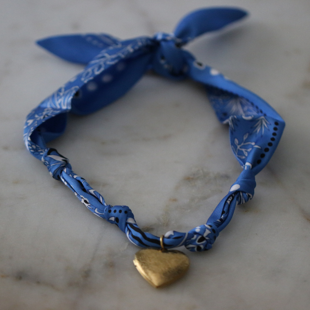 Blue scarf necklace with heart locket pendant, view 5