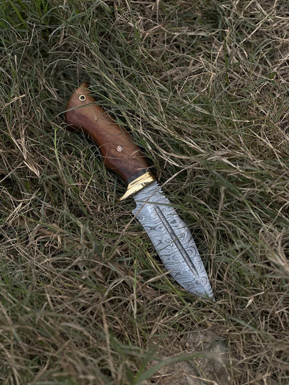 Damascus hunting knife with polished rosewood handle, brass guard and leather sheath
