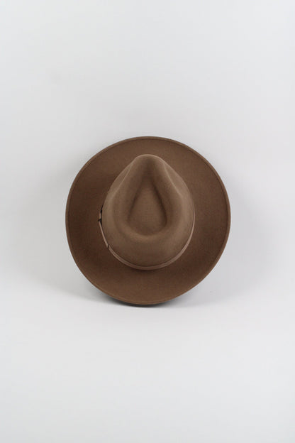Khaki wool felt hat with a teardrop crown and a 3-inch curved brim, view 4