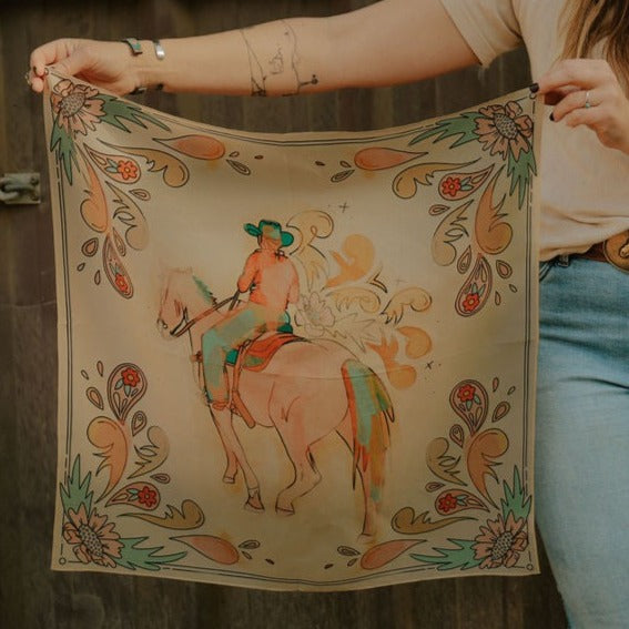 Pastel floral wild rag with a cowgirl at center in red, pink and turquoise, view 4