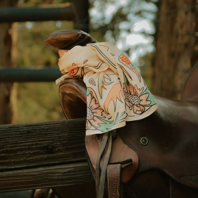 Pastel floral wild rag with a cowgirl at center in red, pink and turquoise, view 2