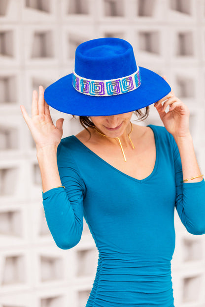 Electric blue alpaca wool felt bucket hat with a woven textile band, view 3