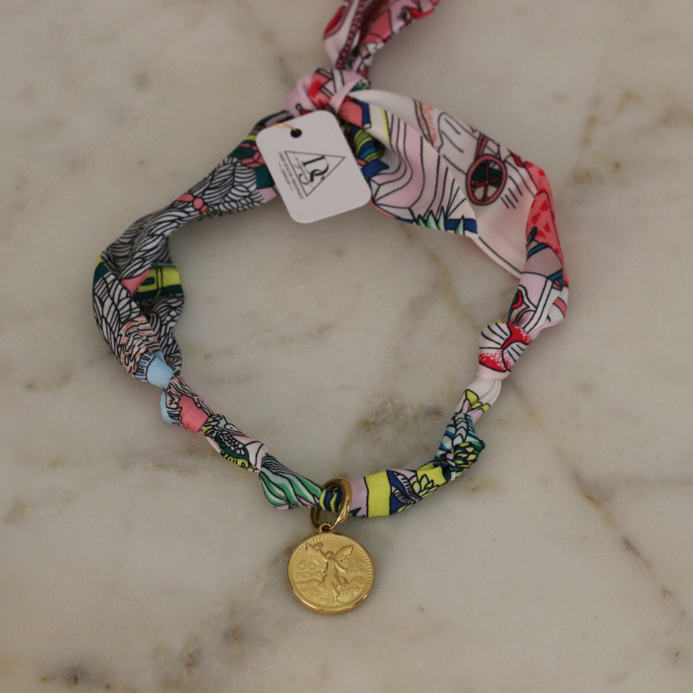 Multicolor silk scarf necklace with gold coin pendant