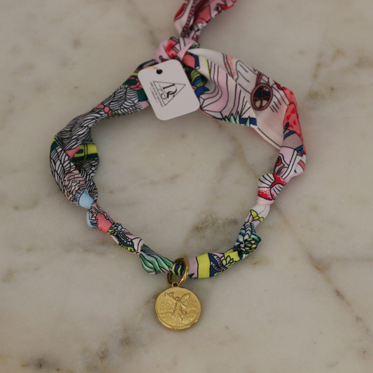 Multicolor silk scarf necklace with gold coin pendant