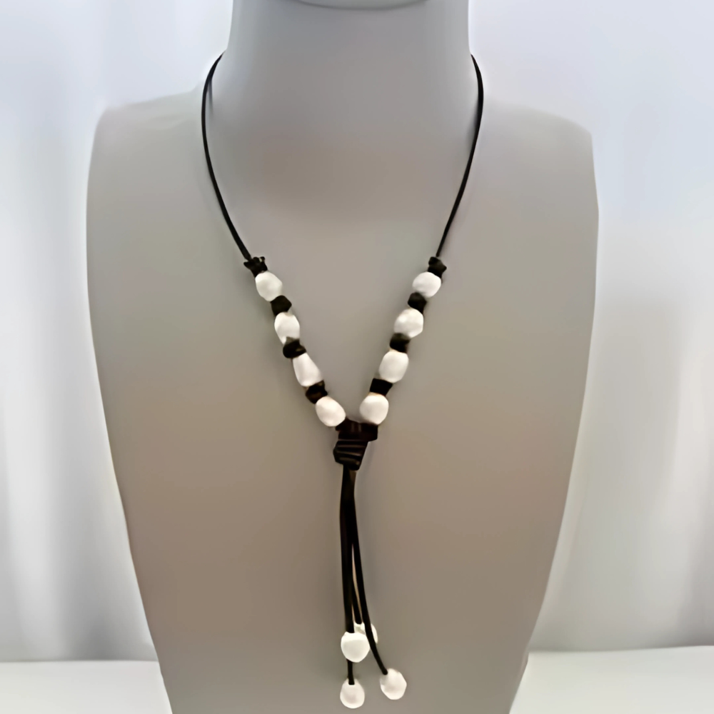 Dark brown leather lariat necklace with freshwater pearls, view 2