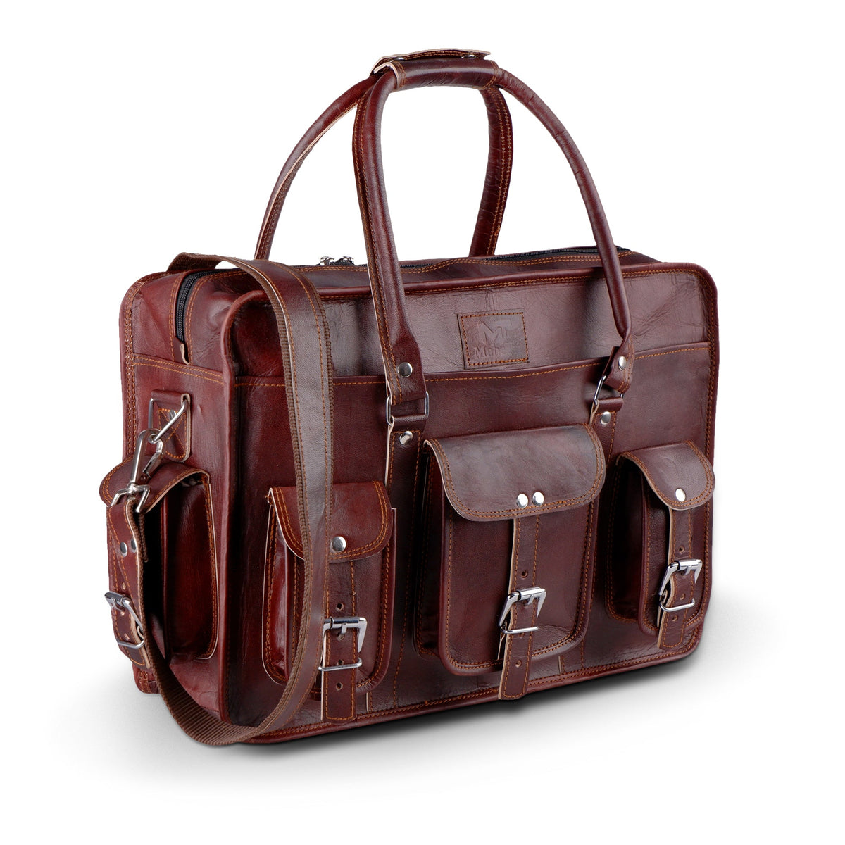 Goat leather laptop briefcase with nickel hardware and shoulder strap