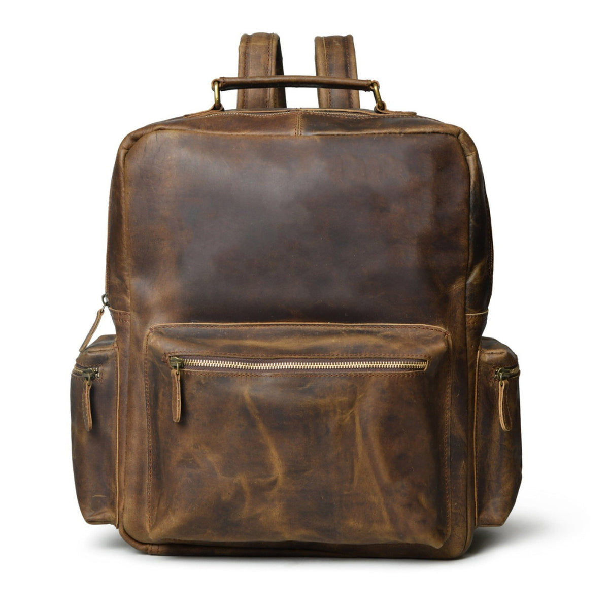 Vintage brown buffalo leather backpack with three front pockets
