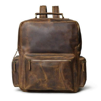 Vintage brown buffalo leather backpack with three front pockets