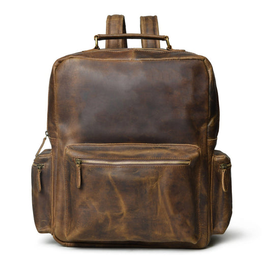 Vintage brown buffalo leather backpack with three front pockets