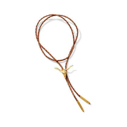 Gold plated Longhorn bolo tie on tan braided leather cord, view 2