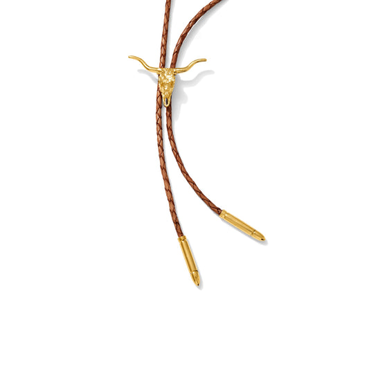 Gold plated Longhorn bolo tie on tan braided leather cord