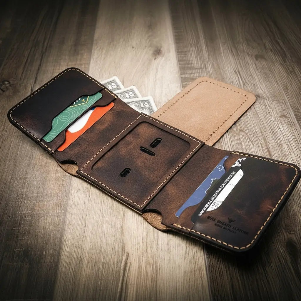 Long Shift Badge Trifold Wallet in Walnut Brown by Bull Sheath Leather