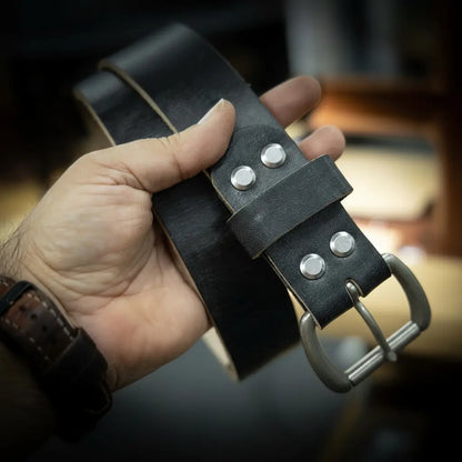 Black oak bark tanned leather belt with solid brass buckle, view 2
