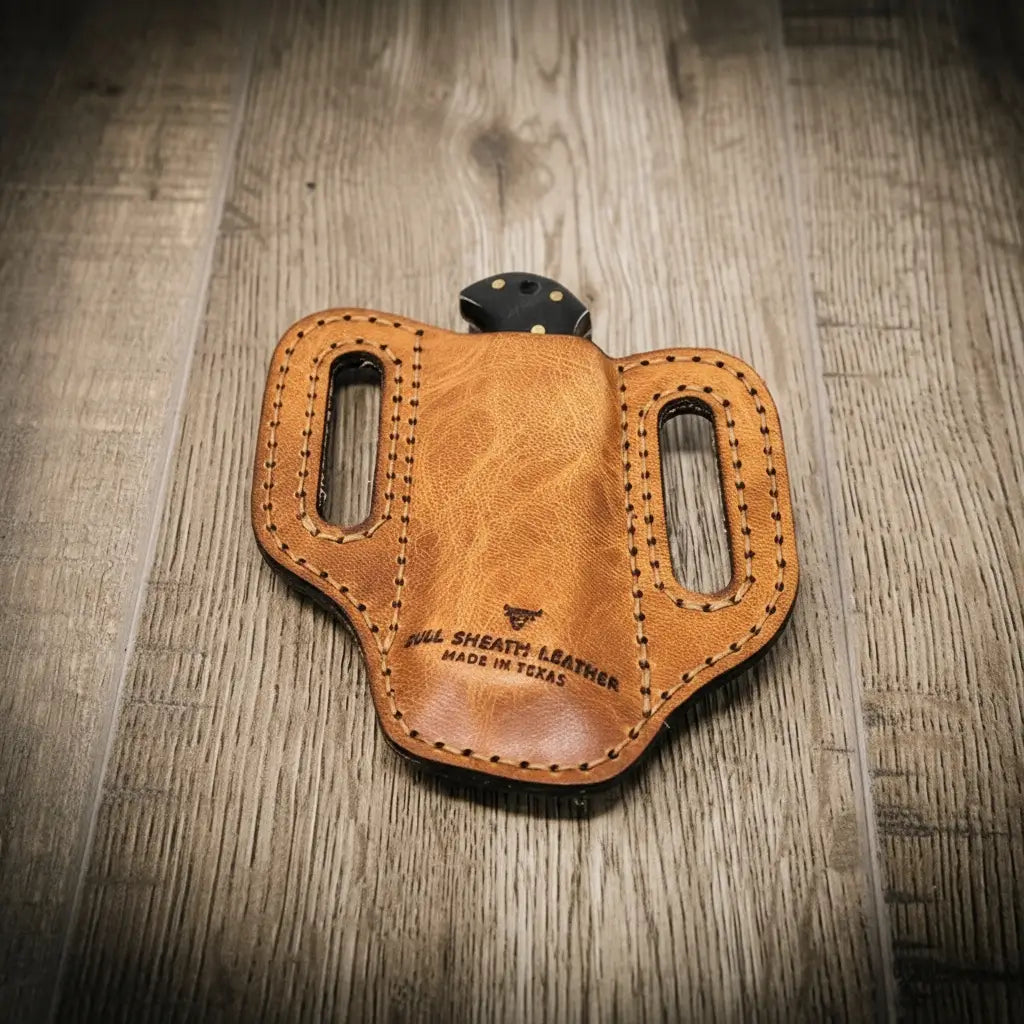 Full-grain leather folding knife belt sheath by Bull Sheath, view 2
