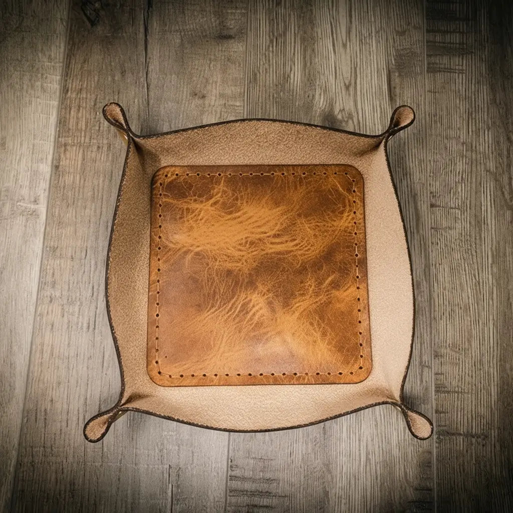 Saddle tan square leather valet tray, view 2