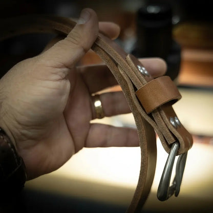 Oak brown full-grain leather belt with solid brass buckle, view 5