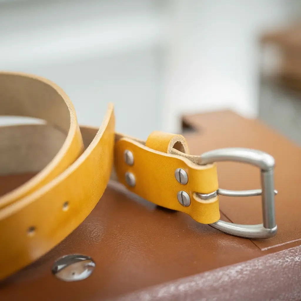 Saddle tan oak bark tanned leather belt with solid brass buckle, view 2