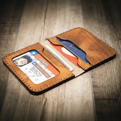 Saddle tan slim leather wallet with brown contrast stitching, view 4