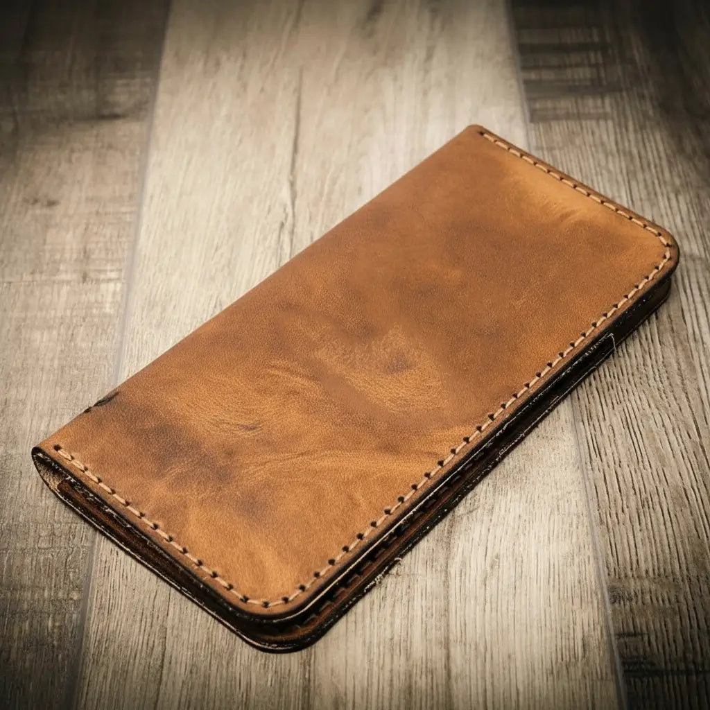 Saddle tan tall leather long wallet with card slots and cash pockets, view 2