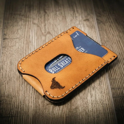 Saddle tan leather money clip wallet with card slots and metal clip
