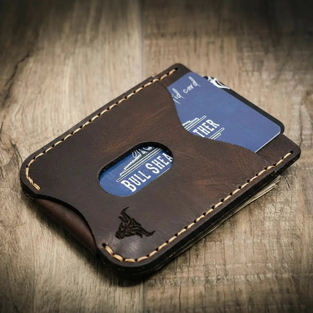 Saddle tan leather money clip wallet with card slots and metal clip, view 3