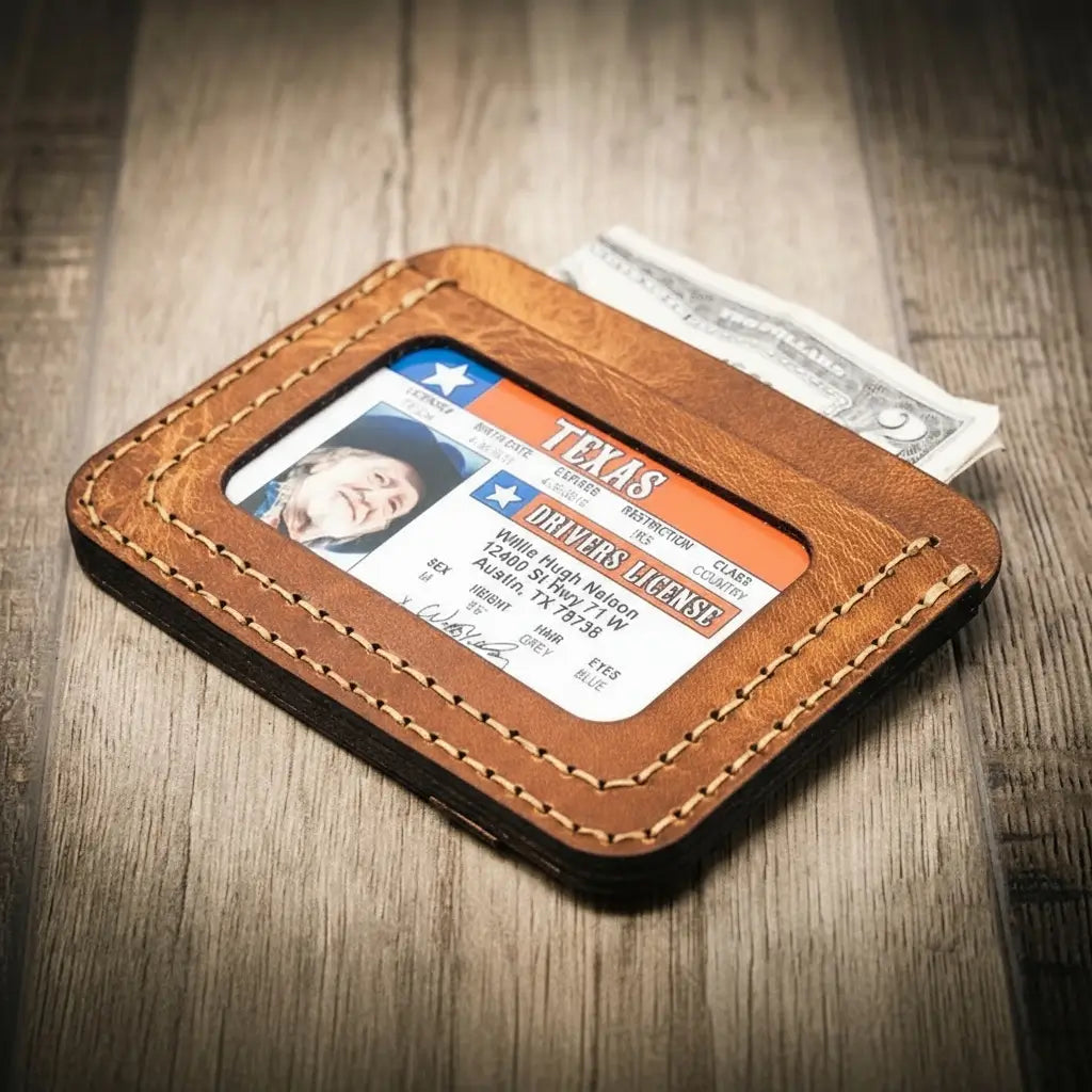 Saddle tan leather minimalist wallet with card slots and ID window, view 2