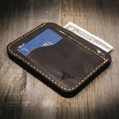 Saddle tan leather minimalist wallet with card slots and ID window, view 4