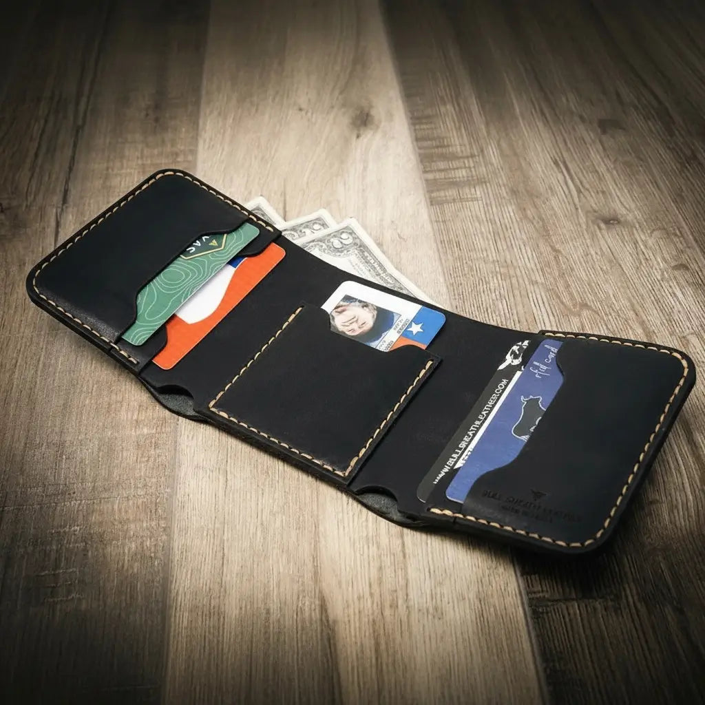Trinity River Trifold Wallet in Black by Bull Sheath Leather