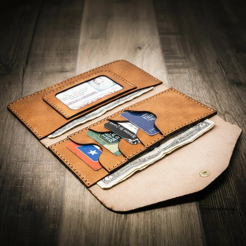 Saddle tan wrap-around leather clutch wallet folded flat, view 3