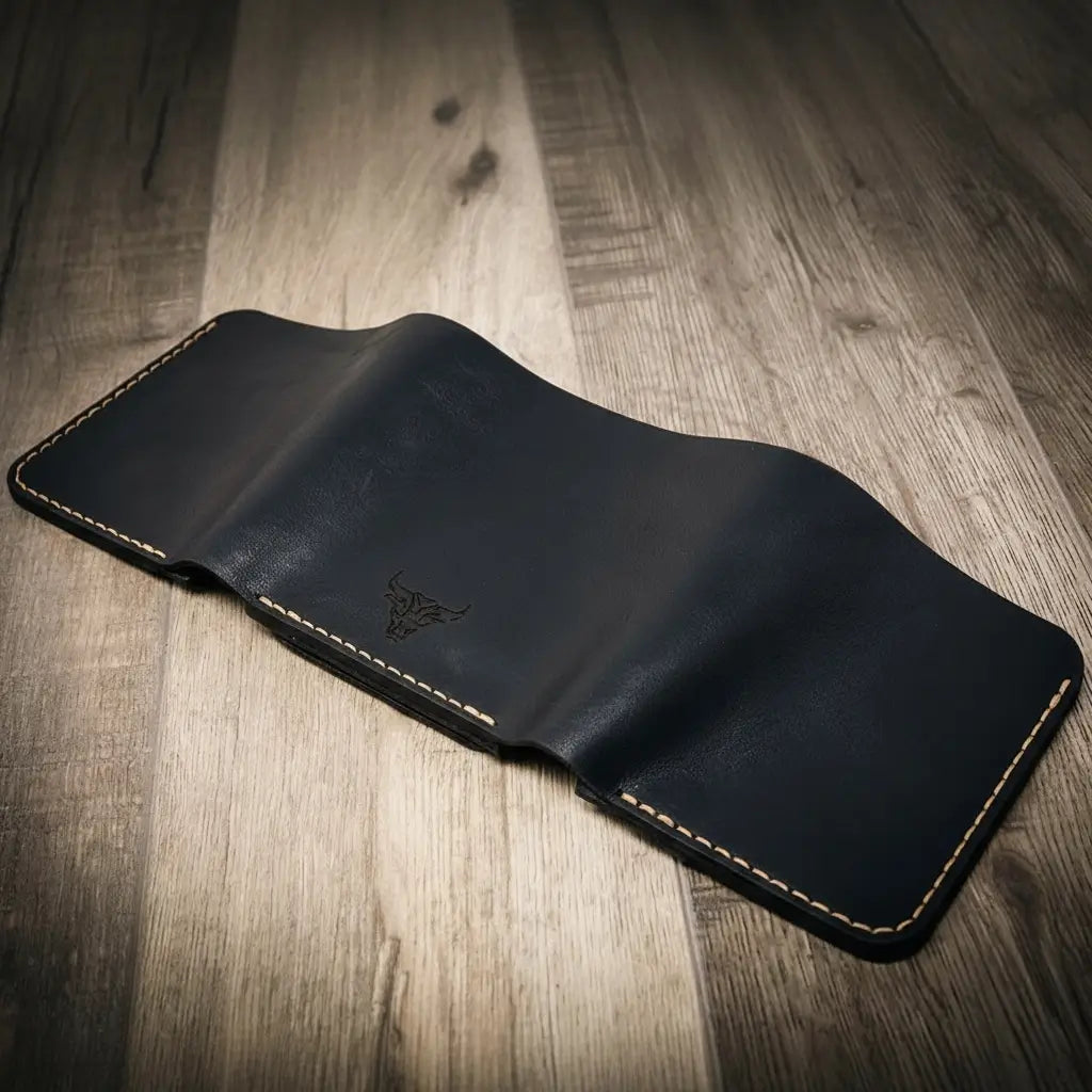 Long Shift Badge Trifold Wallet in Black by Bull Sheath Leather, view 4