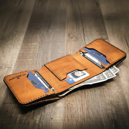 Saddle tan western tooled leather trifold wallet, view 4
