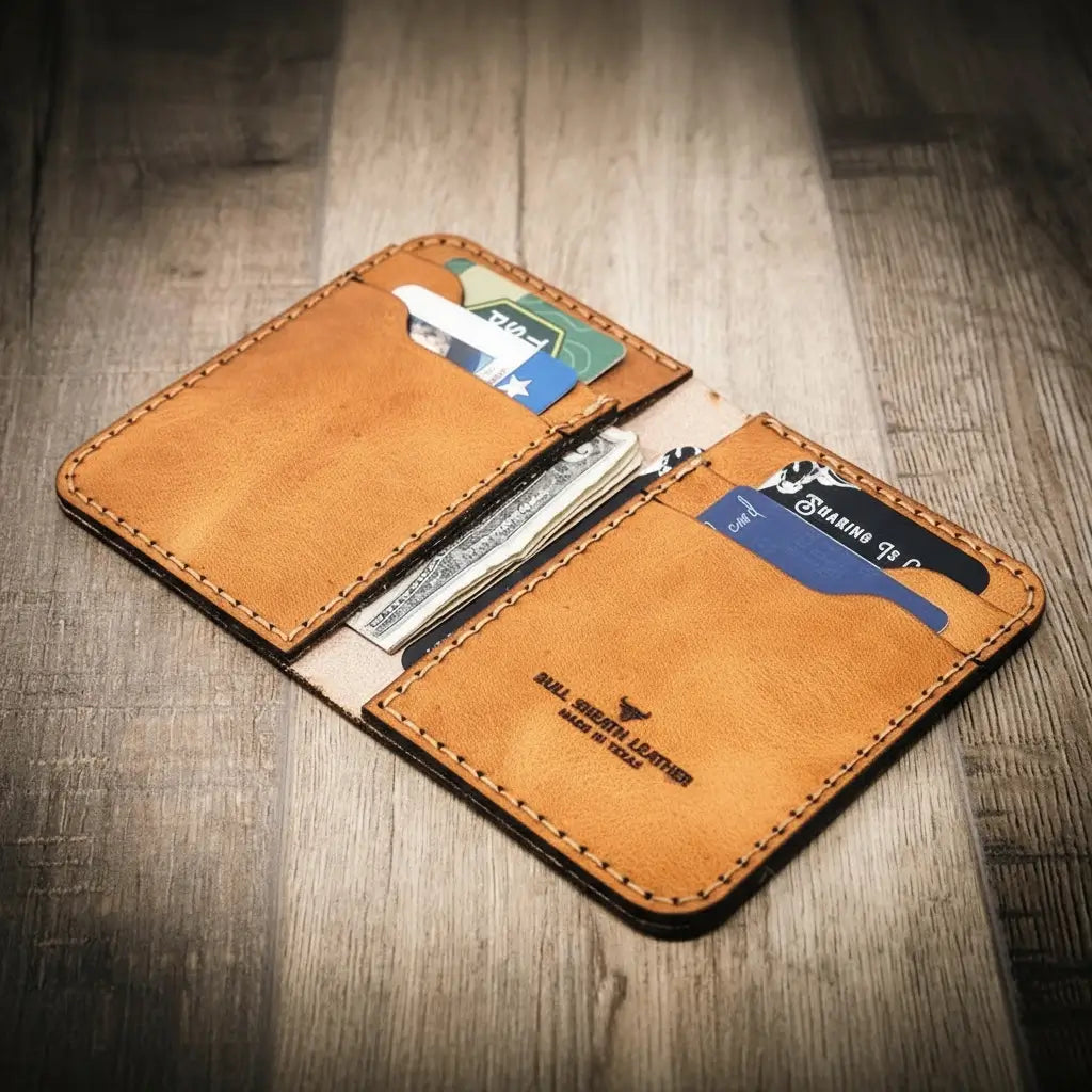 Saddle tan western tooled vertical leather wallet, view 2