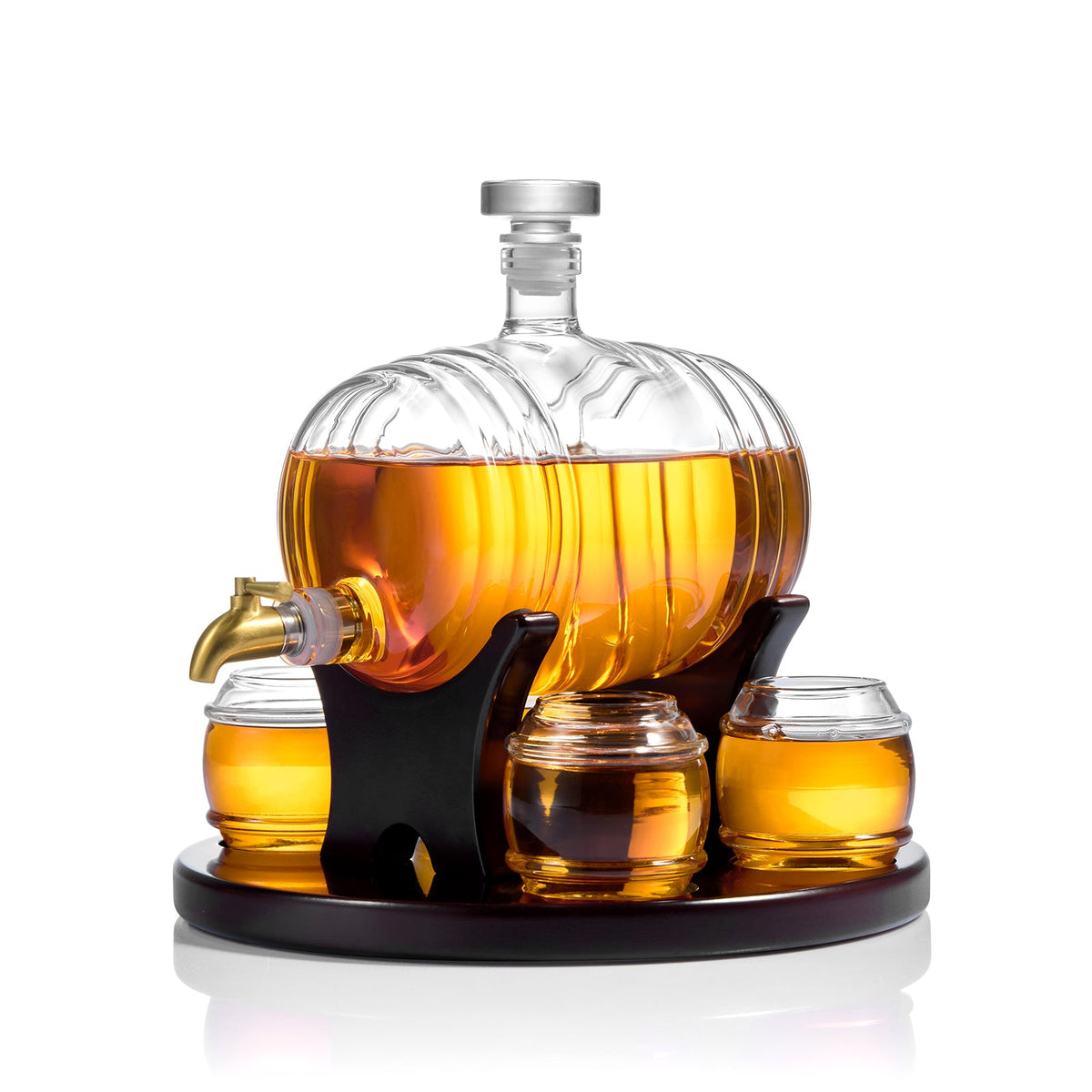 Glass whiskey barrel decanter set with barrel glasses