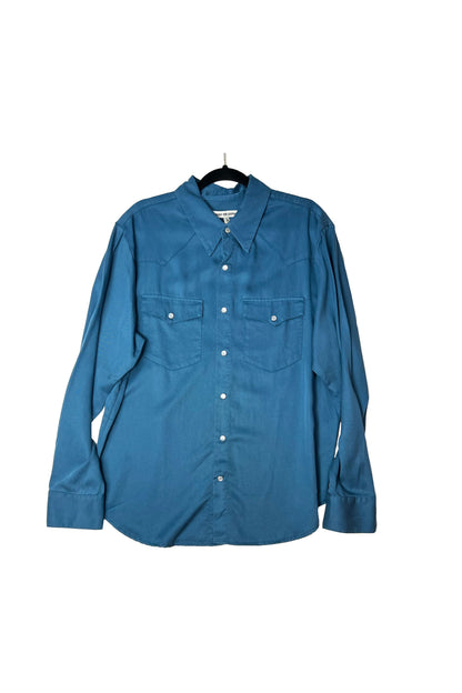 Deep azure gabardine Western pearl snap shirt, front
